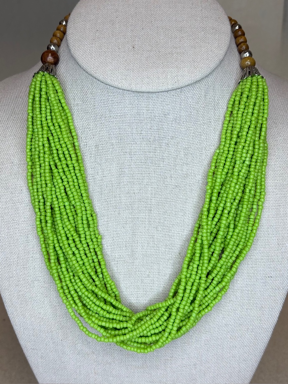 Lime Green Multi-Strand Seed Bead Statement Necklace